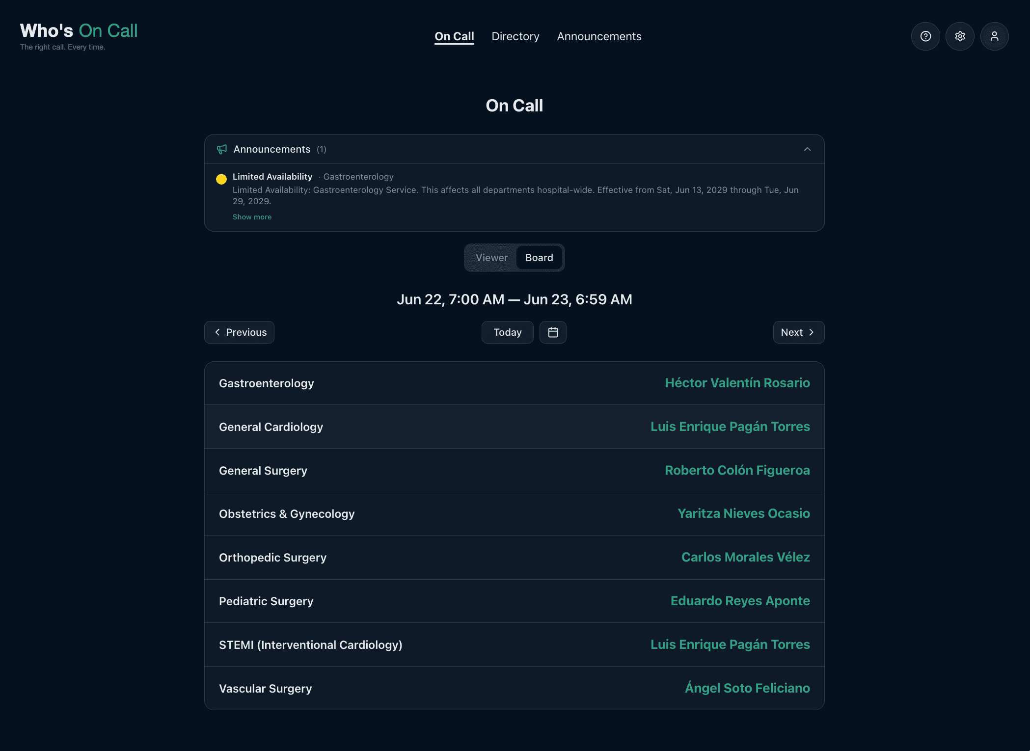 Who's On Call — web coverage board